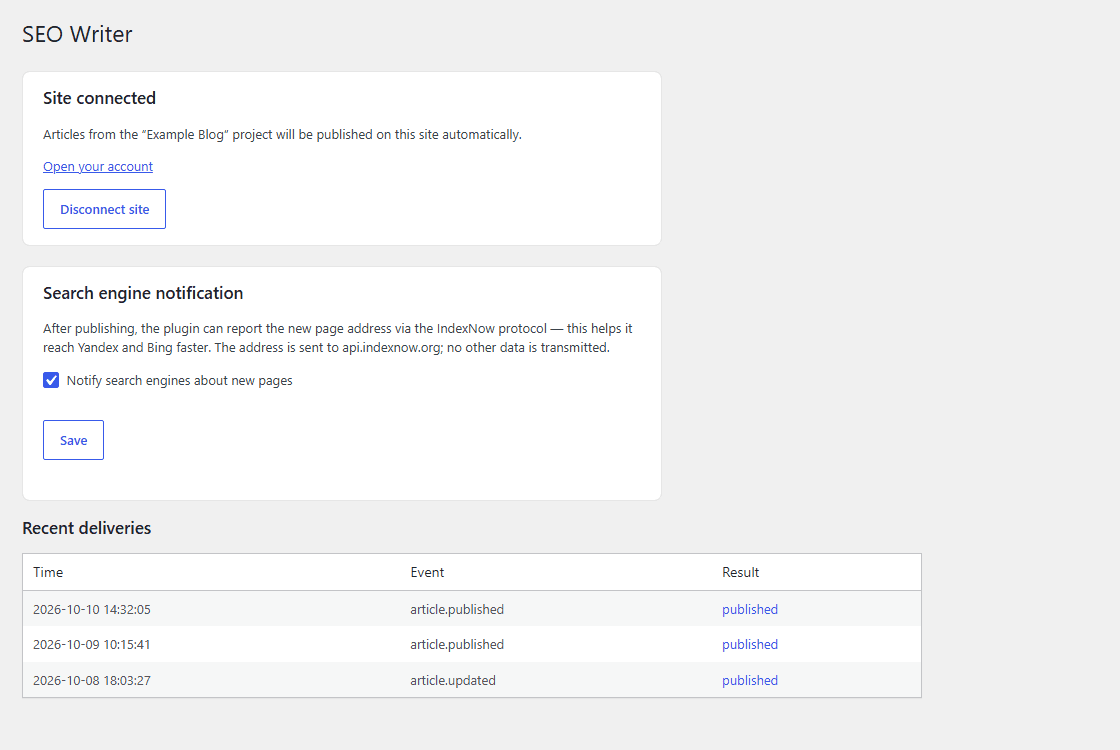 The plugin page in the WordPress admin: connected site, IndexNow notification and delivery log