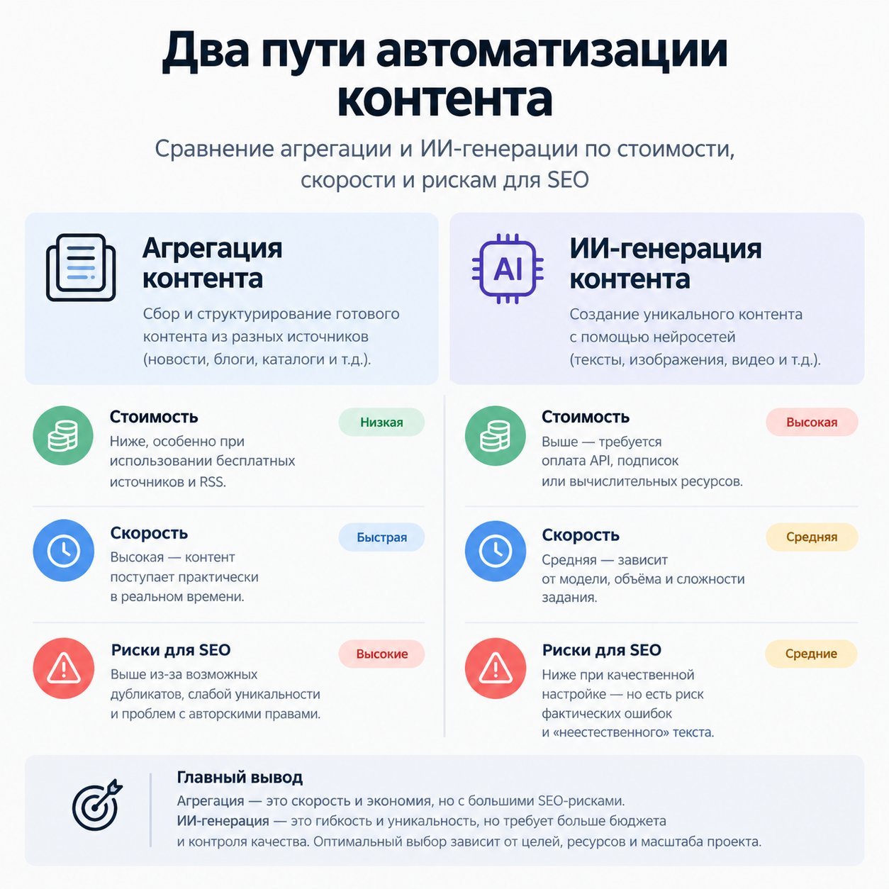 Два пути автоматизации контента — сравнение агрегации и ИИ-генерации по стоимости, скорости и рискам для SEO