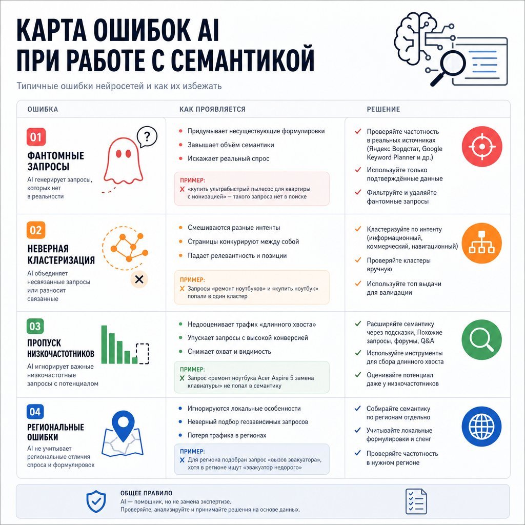 Карта ошибок AI при работе с семантикой: фантомные запросы, неверная кластеризация, пропуск низкочастотников, региональные ошибки — и решения для каждой