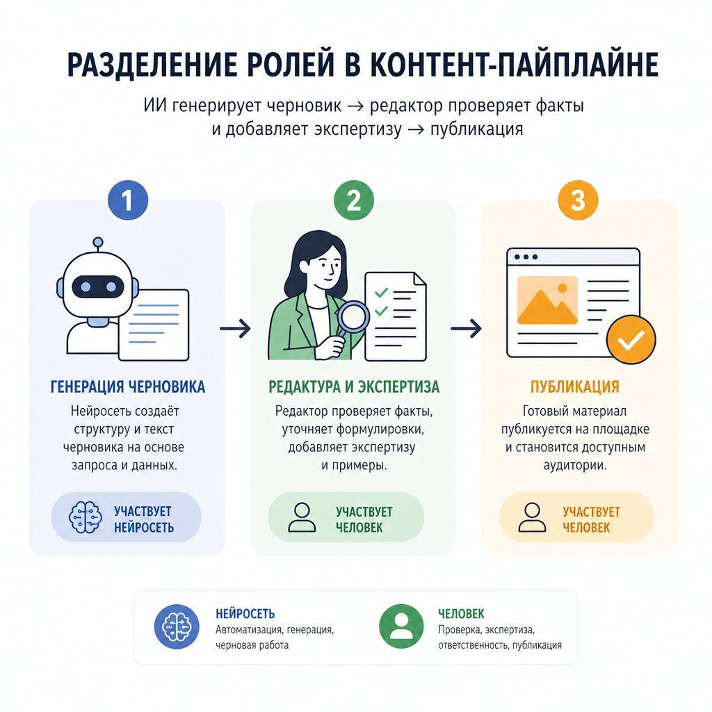 Разделение ролей в контент-пайплайне: ИИ генерирует черновик → редактор проверяет факты и добавляет экспертизу → публикация. Показать три этапа со стрелками и указанием, где участвует человек, а где нейросеть