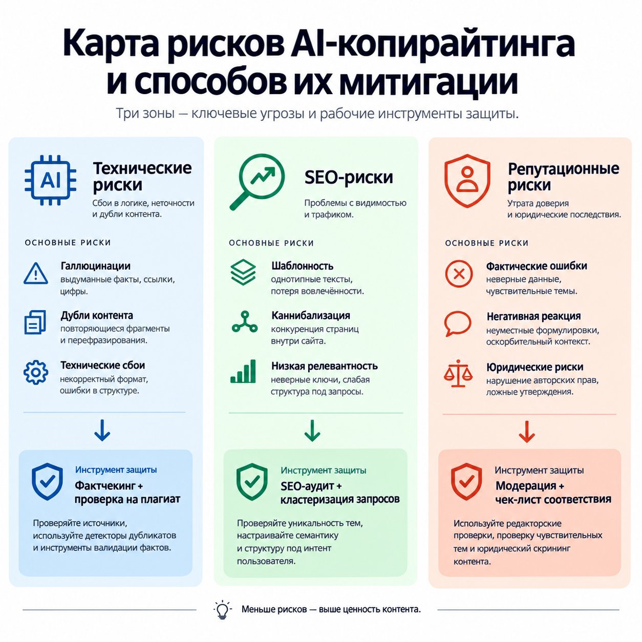 Карта рисков AI-копирайтинга и способов их митигации — три зоны: технические риски (галлюцинации, дубли), SEO-риски (шаблонность, каннибализация), репутационные риски (фактические ошибки). Для каждого — конкретный инструмент защиты