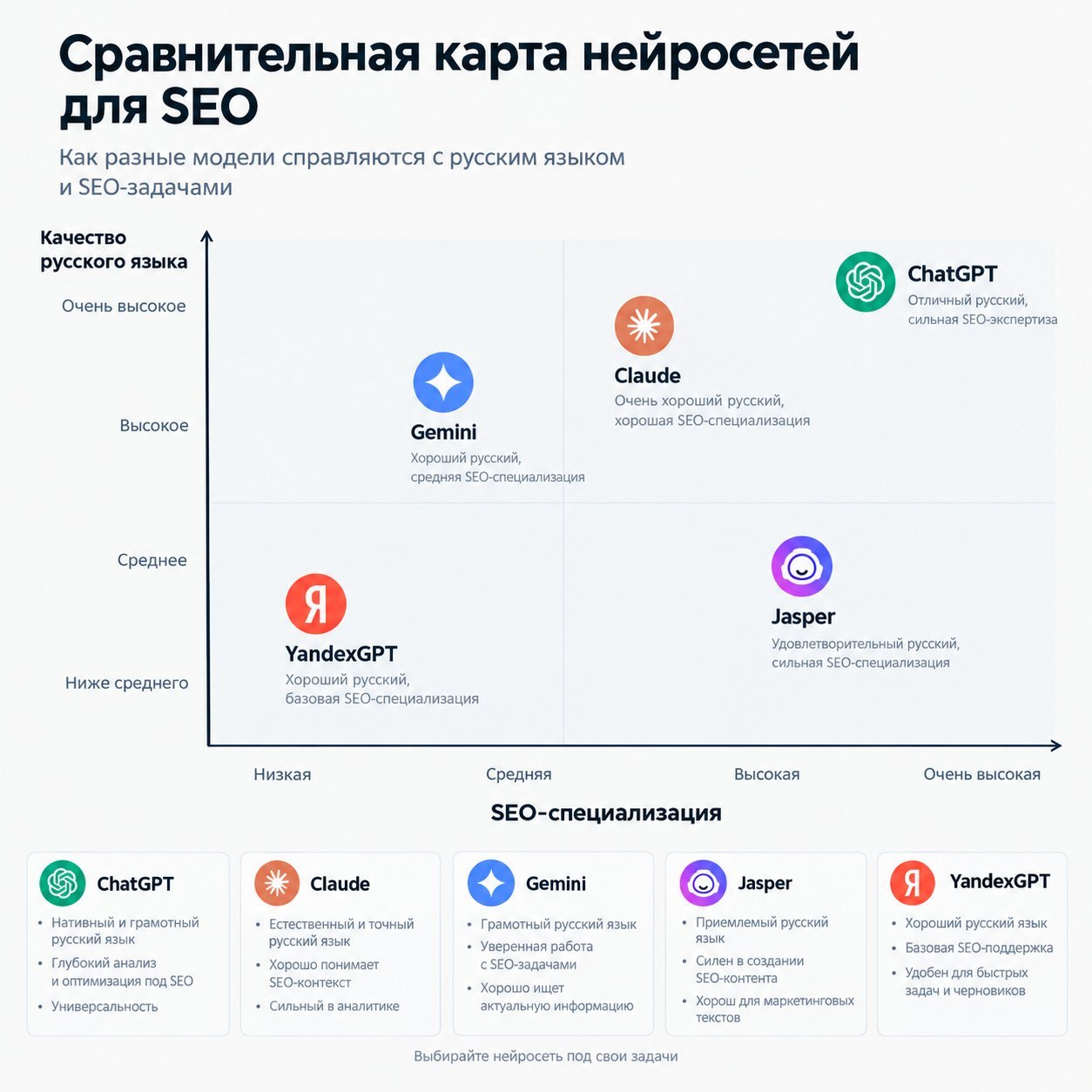 Сравнительная карта нейросетей для SEO по осям «качество русского языка» и «SEO-специализация» — ChatGPT, Claude, Gemini, Jasper, YandexGPT