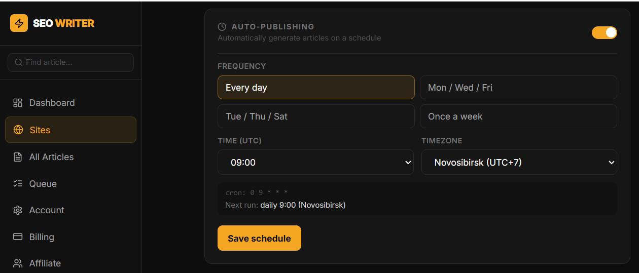 Auto-publishing settings — frequency selector, time picker, timezone dropdown, and next run date displayed Auto-publishing settings — frequency selector, time picker, timezone dropdown, and next run date displayed