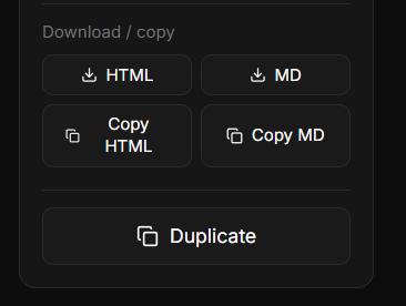Article editor showing the "Copy HTML" and "Copy MD" buttons Article editor showing the "Copy HTML" and "Copy MD" buttons