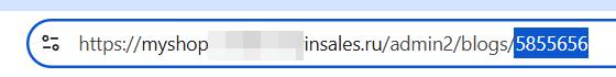 Browser address bar on an InSales blog page with the Blog ID highlighted at the end of the URL Browser address bar on an InSales blog page with the Blog ID highlighted at the end of the URL
