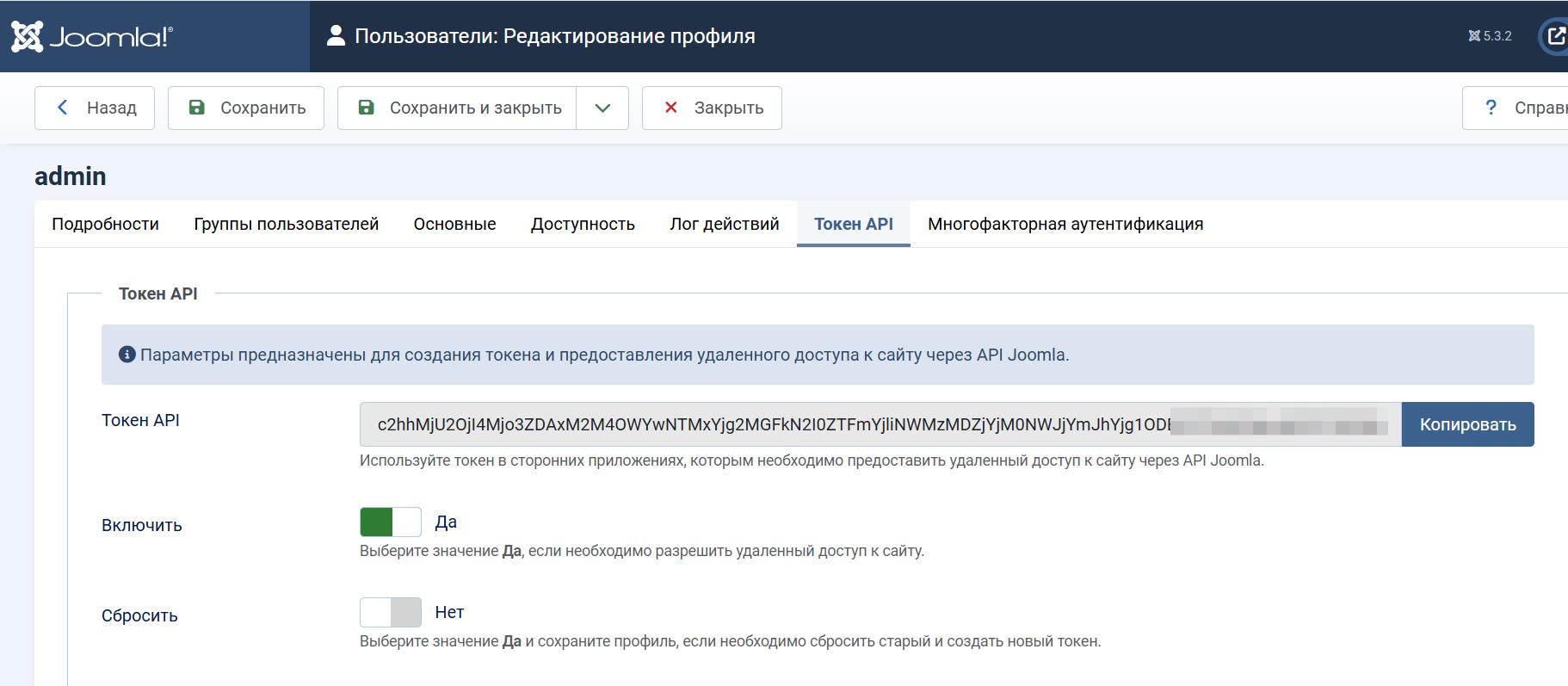 Joomla API Token tab Joomla API Token tab