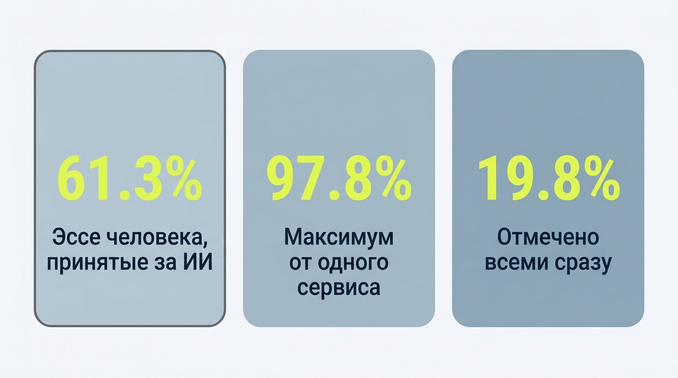 Три показателя исследования Patterns 2023: 61,3% эссе живых людей приняты за ИИ, 97,8% — максимум ошибок у одного сервиса, 19,8% помечены всеми детекторами сразу