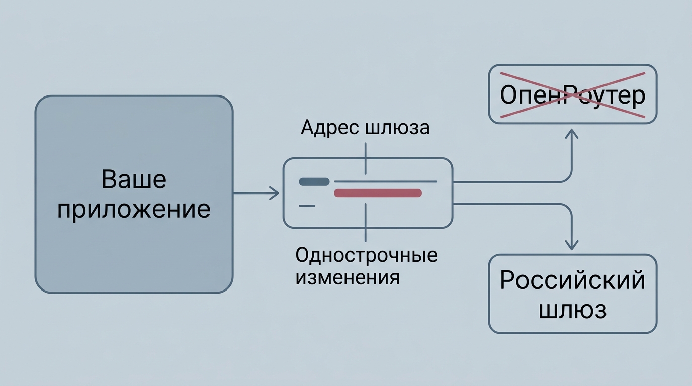 слева блок Ваше приложение, от него стрелка к блоку с одной строкой конфигурации, от которого две стрелки — вверх к перечёркнутому OpenRouter и вниз к Российский шлюз; подписи на р