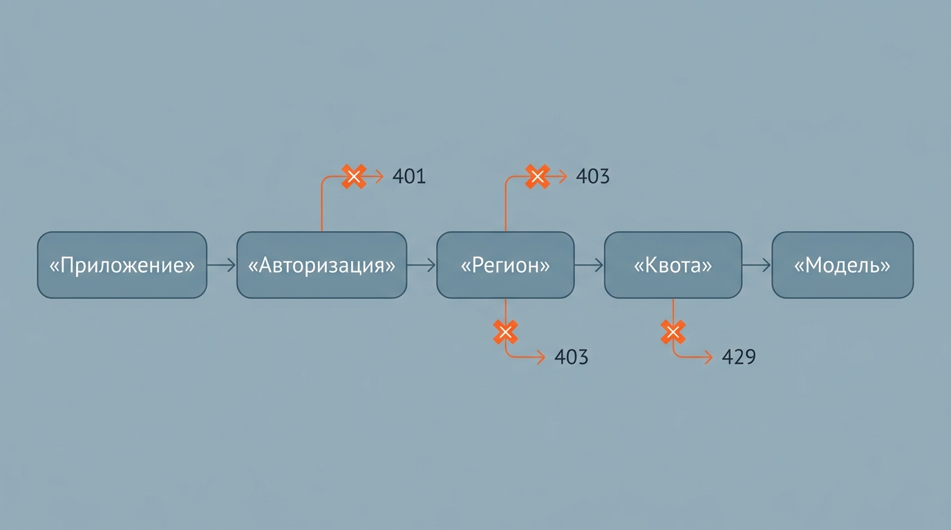 путь запроса Приложение → Авторизация → Регион → Квота → Модель с подписями точек отказа 401, 403, 429