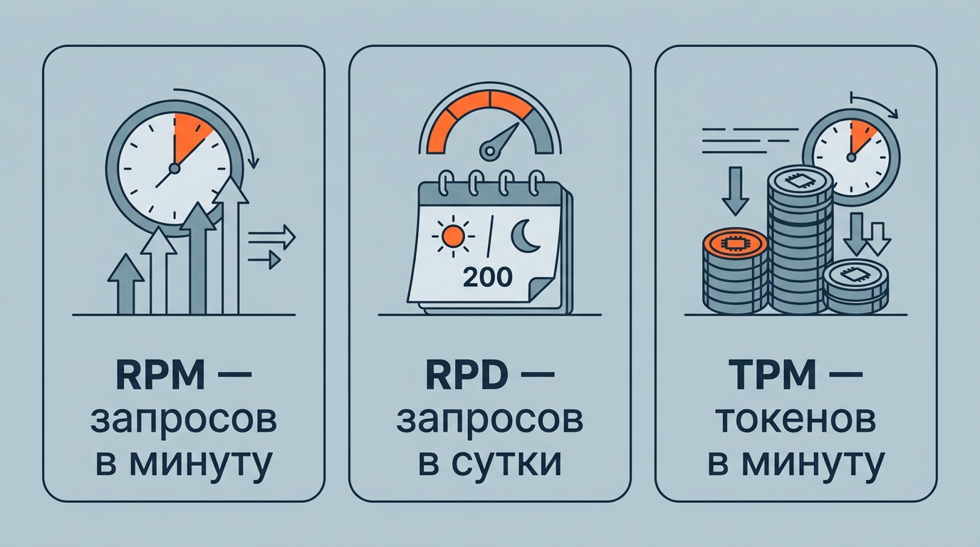 три ограничителя бесплатного уровня с подписями RPM — запросов в минуту, RPD — запросов в сутки, TPM — токенов в минуту