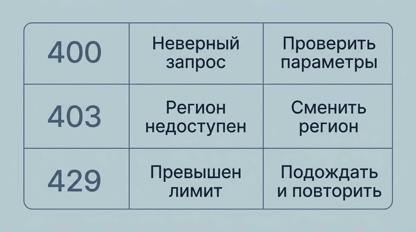 схема диагностики: развилка код ответа → причина → действие для 400, 403 и 429