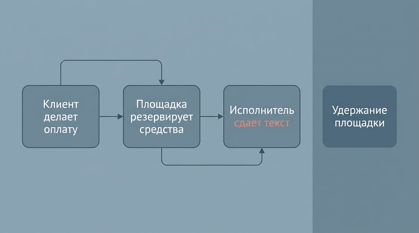 движение денег и текста в безопасной сделке. Четыре узла с подписями на русском: Заказчик вносит оплату → Площадка резервирует средства → Исполнитель сдаёт текст → Приёмка: деньги