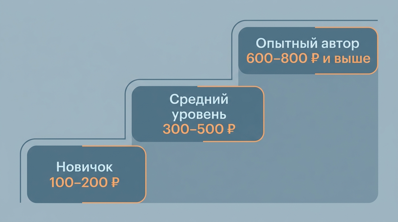 три ступени с подписями на русском Новичок 100–200 ₽, Средний уровень 300–500 ₽, Опытный автор 600–800 ₽ и выше, под каждой ступенью стоимость статьи на 5000 знаков