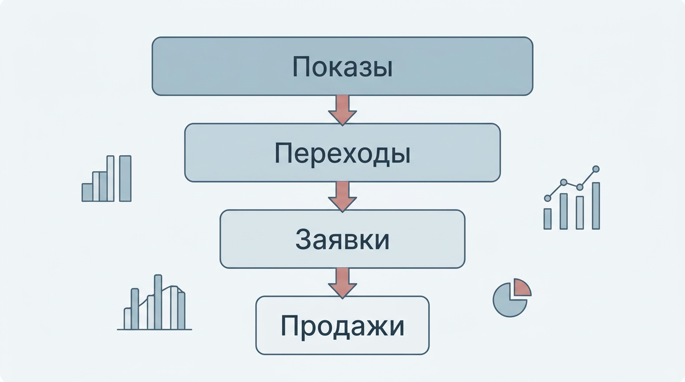 четыре уровня воронки материалов, сверху вниз, с подписями по-русски: Показы и CTR, Органические сессии, Ассоциированные конверсии, Выручка. Сбоку отдельный блок Брендовые запросы