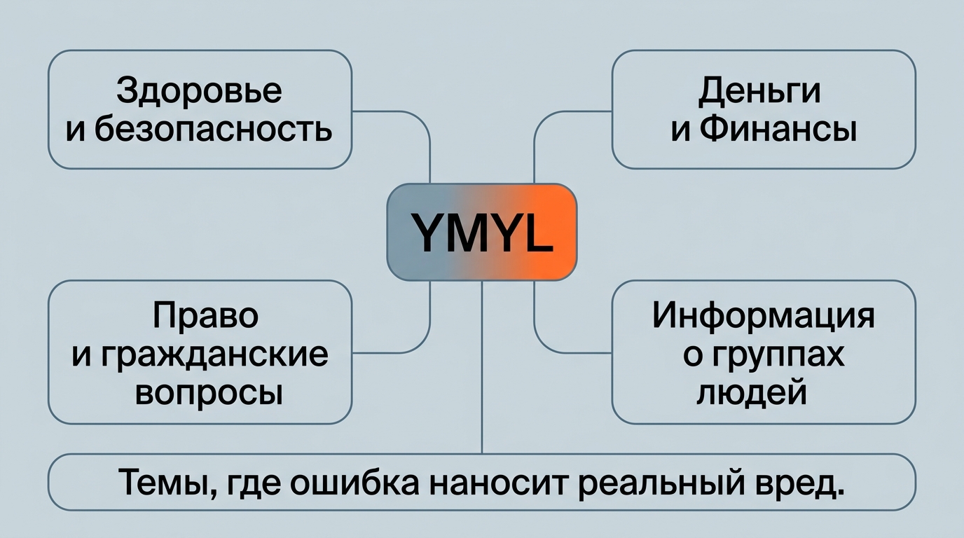 Четыре области YMYL, где ошибка в контенте вредит читателю: здоровье и безопасность, деньги и финансы, право, информация о группах людей