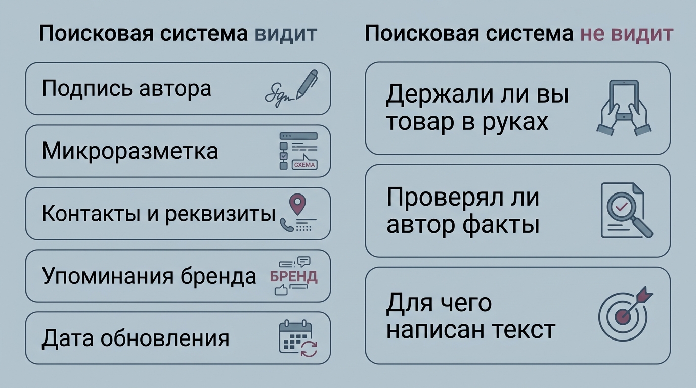 Что поисковая система может проверить — подпись автора, микроразметку, контакты, упоминания бренда, дату обновления — и чего не видит: держали ли вы товар в руках, проверял ли автор факты