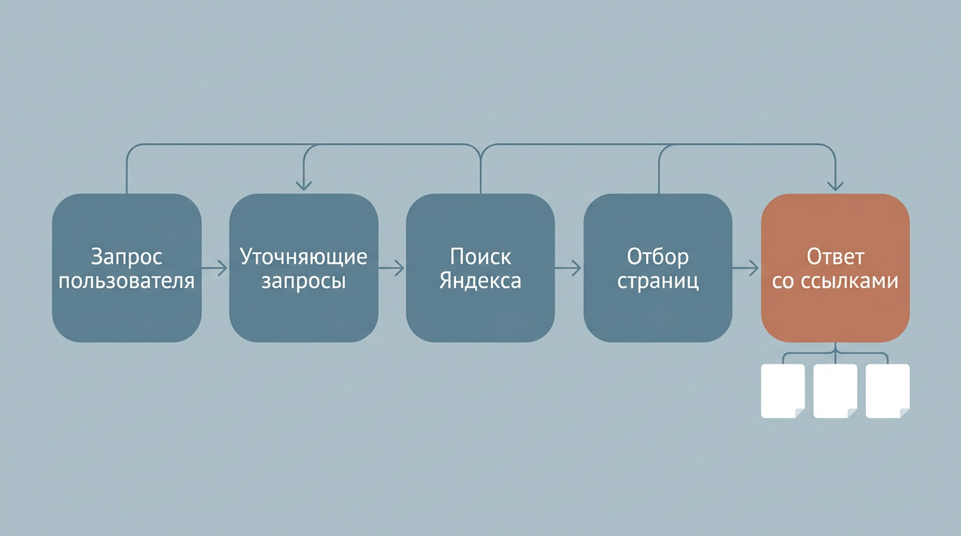 Как Алиса собирает ответ: запрос пользователя, уточняющие запросы, поиск Яндекса, отбор страниц и ответ со ссылками на источники