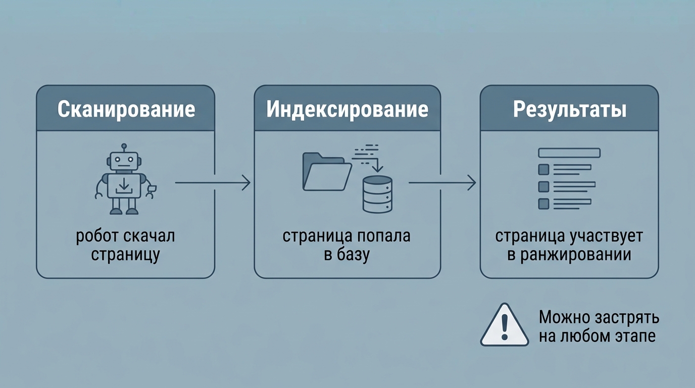 Путь страницы в индекс: сначала робот скачивает её, затем она попадает в базу, и только потом участвует в ранжировании — застрять можно на любом этапе