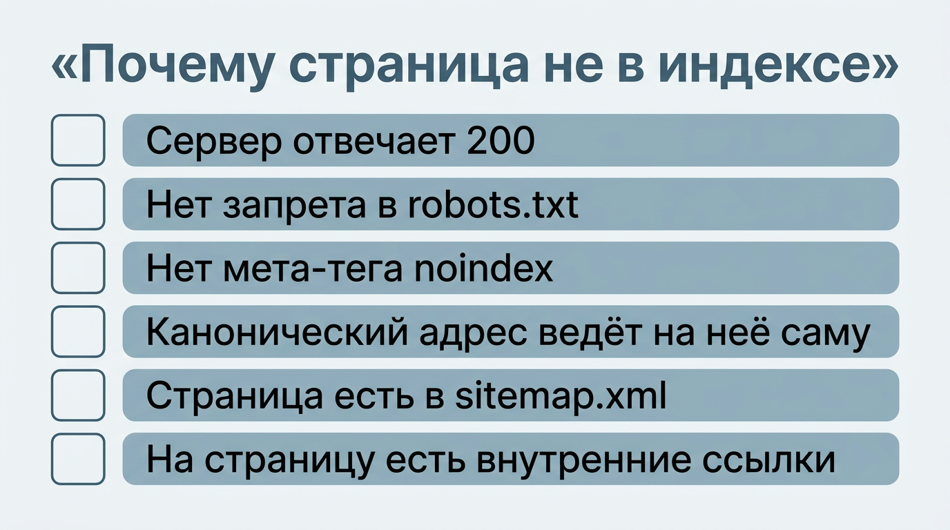 Чек-лист причин, по которым страница не попадает в индекс: ответ сервера, запрет в robots.txt, мета-тег noindex, канонический адрес, наличие в sitemap.xml и внутренних ссылок