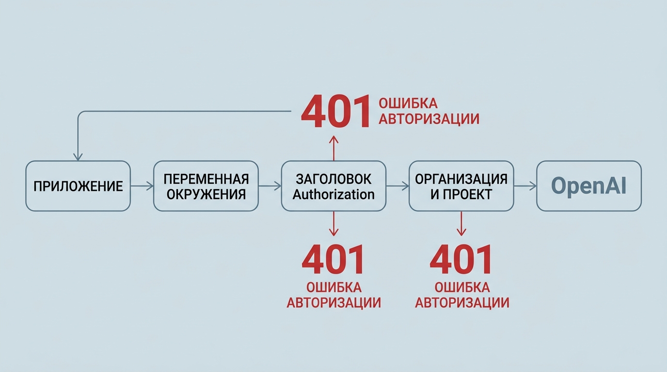 маршрут запроса Приложение → переменная окружения → заголовок Authorization → организация и проект → OpenAI, с отметками, где именно возникает 401