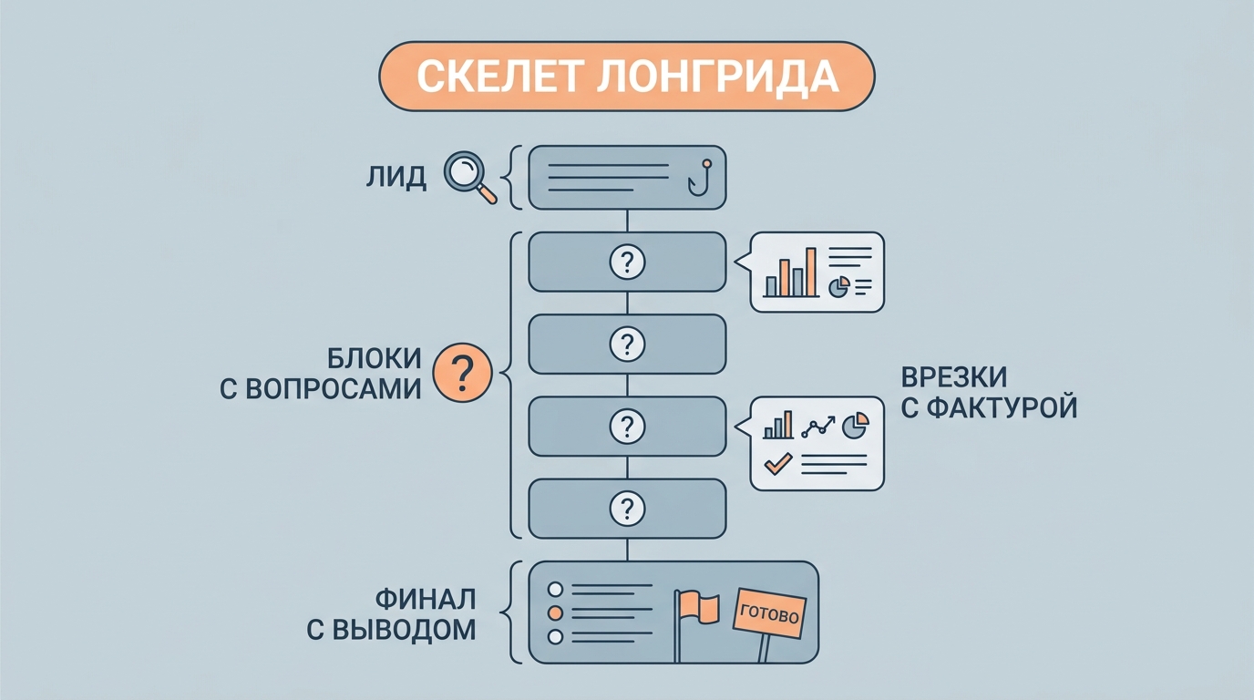 скелет лонгрида — лид, блоки с вопросами, врезки с фактурой, финал с выводом