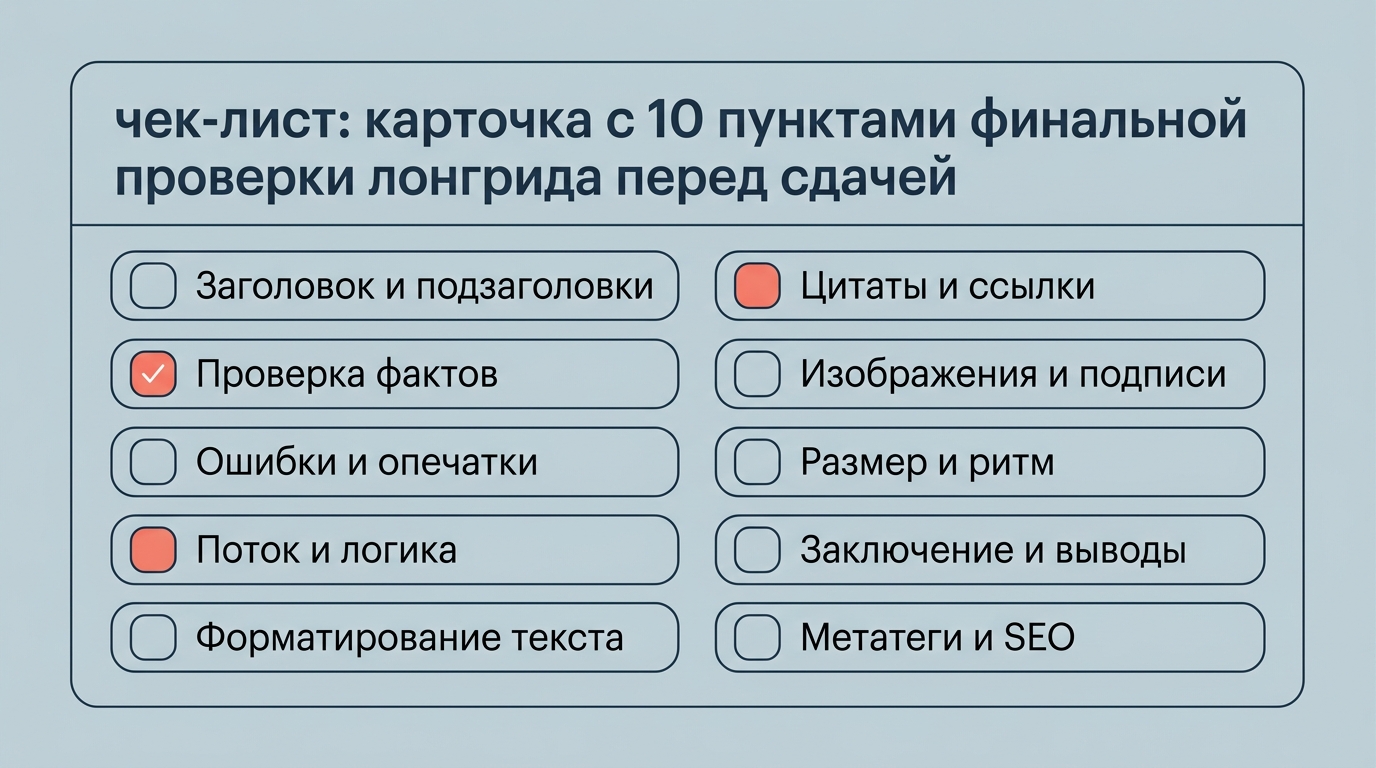 чек-лист: карточка с 10 пунктами финальной проверки лонгрида перед сдачей