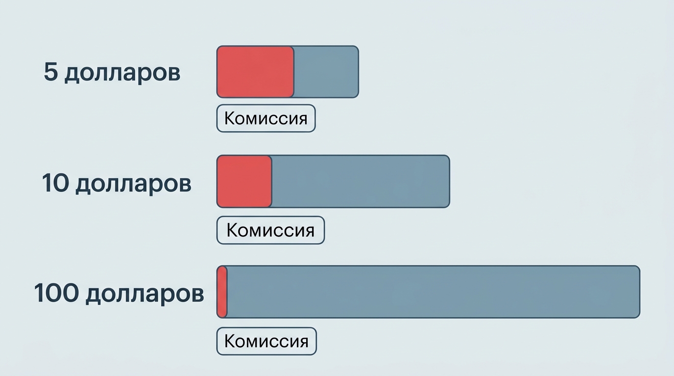 три столбца платежей 5, 10 и 100 долларов с отсечённой долей комиссии; подписи на русском: Комиссия 5,5%, минимум $0,80, Доходит до счёта