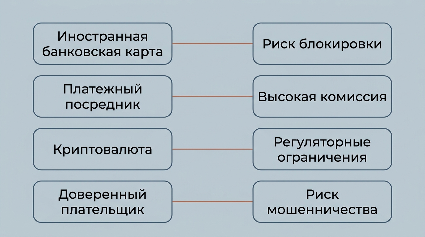 четыре ветки маршрута денег от пользователя в России к балансу, с подписями на русском Карта зарубежного банка, Платёжный посредник, Криптовалюта USDC, Доверенный плательщик и поме