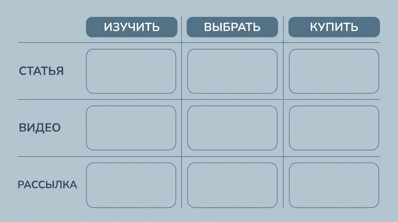 таблица-матрица: этапы пути клиента по горизонтали, форматы по вертикали, в ячейках примеры тем