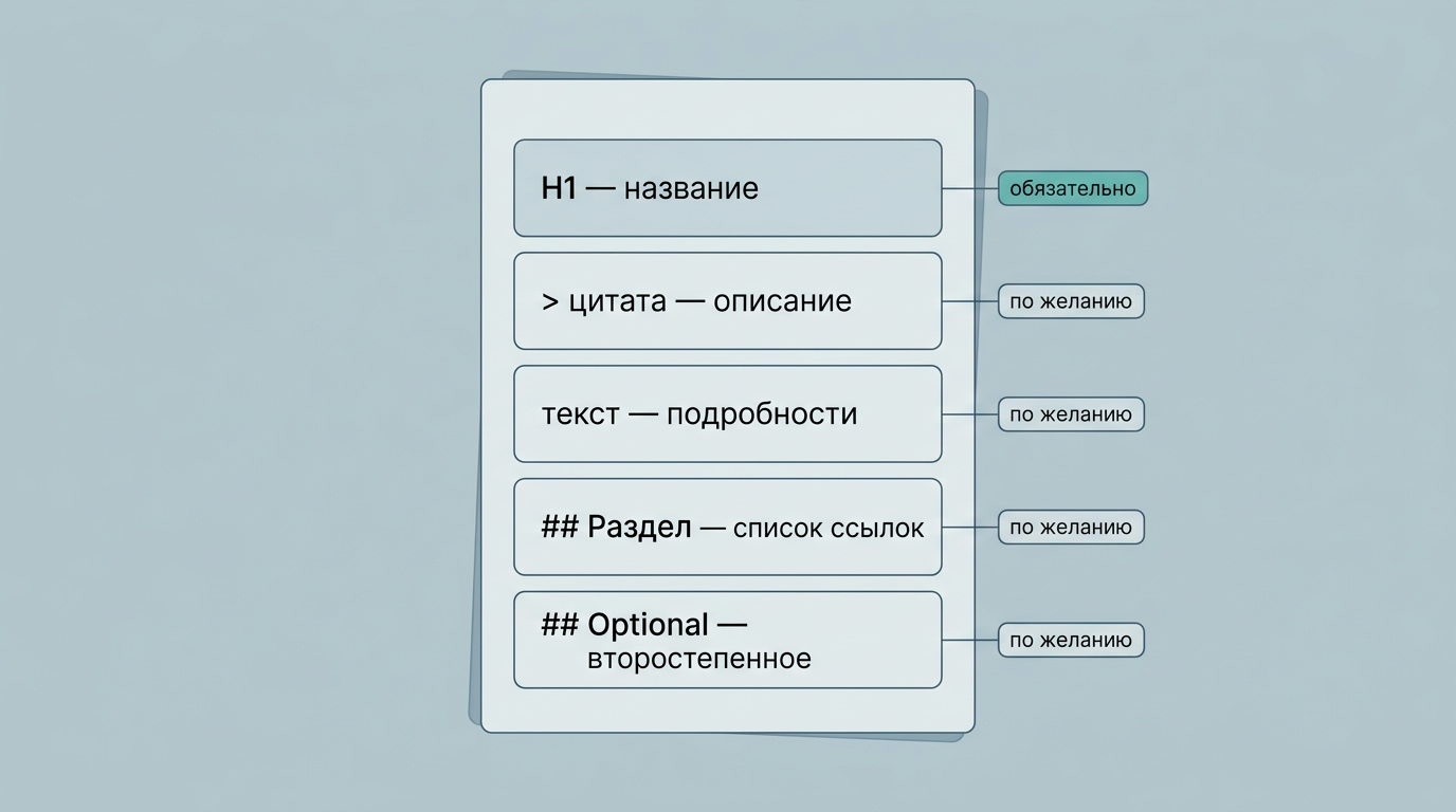 Устройство файла llms.txt: обязательный заголовок H1, затем по желанию цитата-описание, подробности, разделы со списком ссылок и раздел Optional