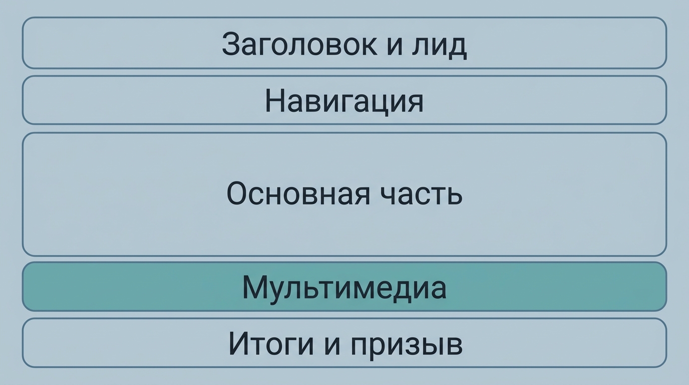 вертикальная структура лонгрида с подписями блоков сверху вниз: Заголовок и лид, Навигация, Основная часть, Мультимедиа, Итоги и призыв