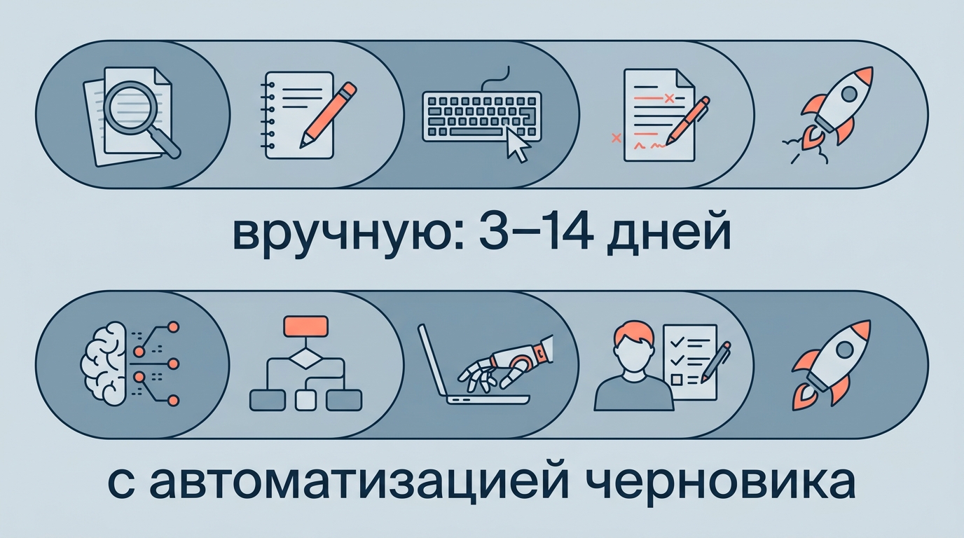 две горизонтальные полосы сравнения этапов работы над лонгридом — вручную: 3–14 дней и с автоматизацией черновика, с подписями этапов
