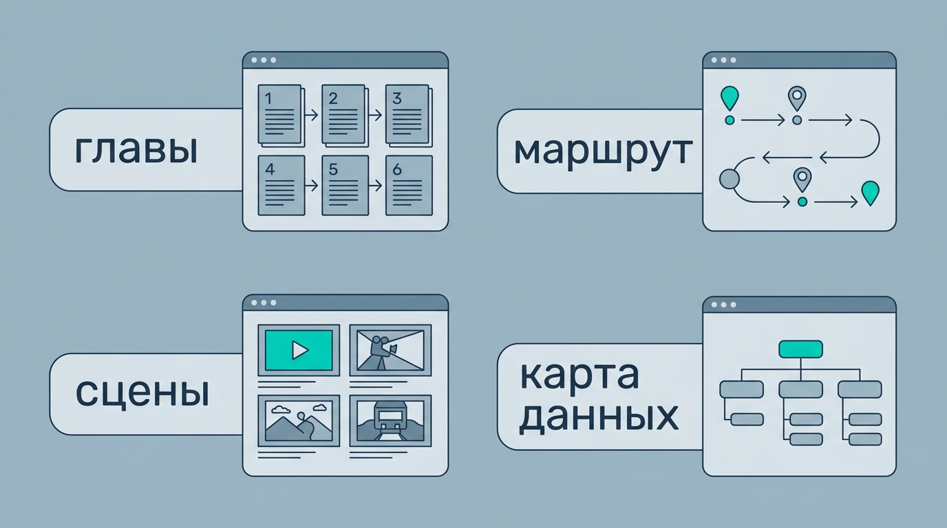 четыре конструкции подачи — главы, маршрут, сцены, карта данных — с миниатюрой разобранного материала у каждой
