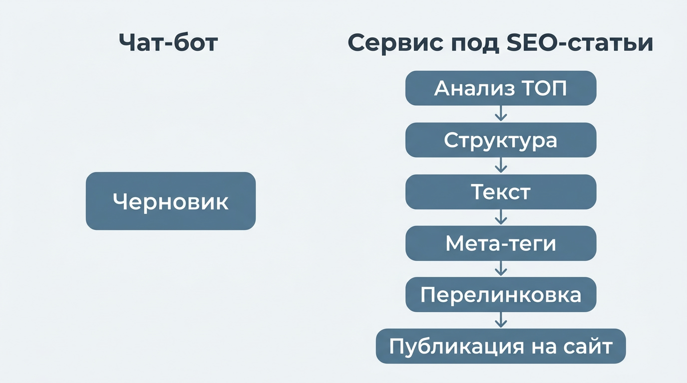 Чат-бот выдаёт черновик, а сервис под SEO-статьи проходит цепочку: анализ ТОПа, структура, текст, мета-теги, перелинковка и публикация на сайт