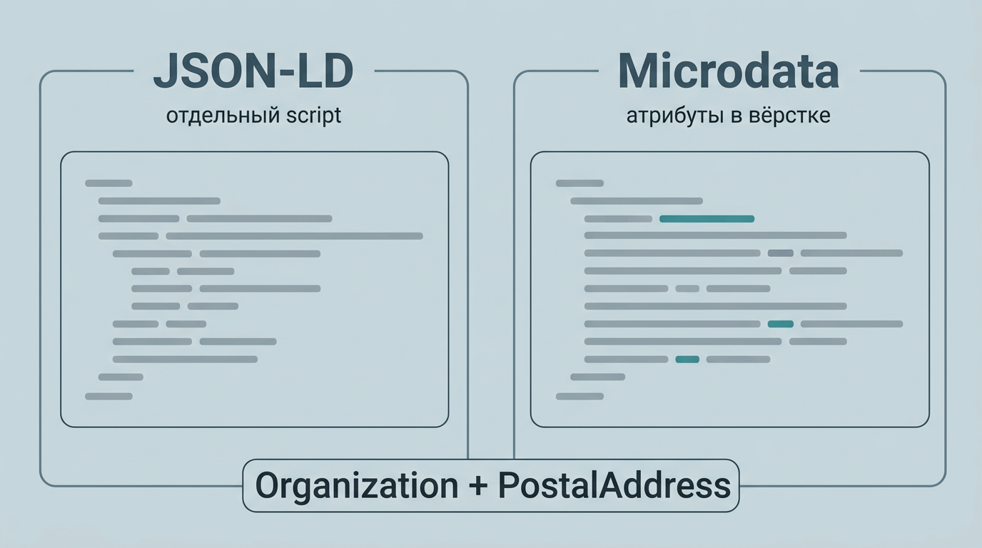 Один и тот же адрес компании в двух форматах: JSON-LD отдельным скриптом и Microdata атрибутами в вёрстке, тип Organization с PostalAddress
