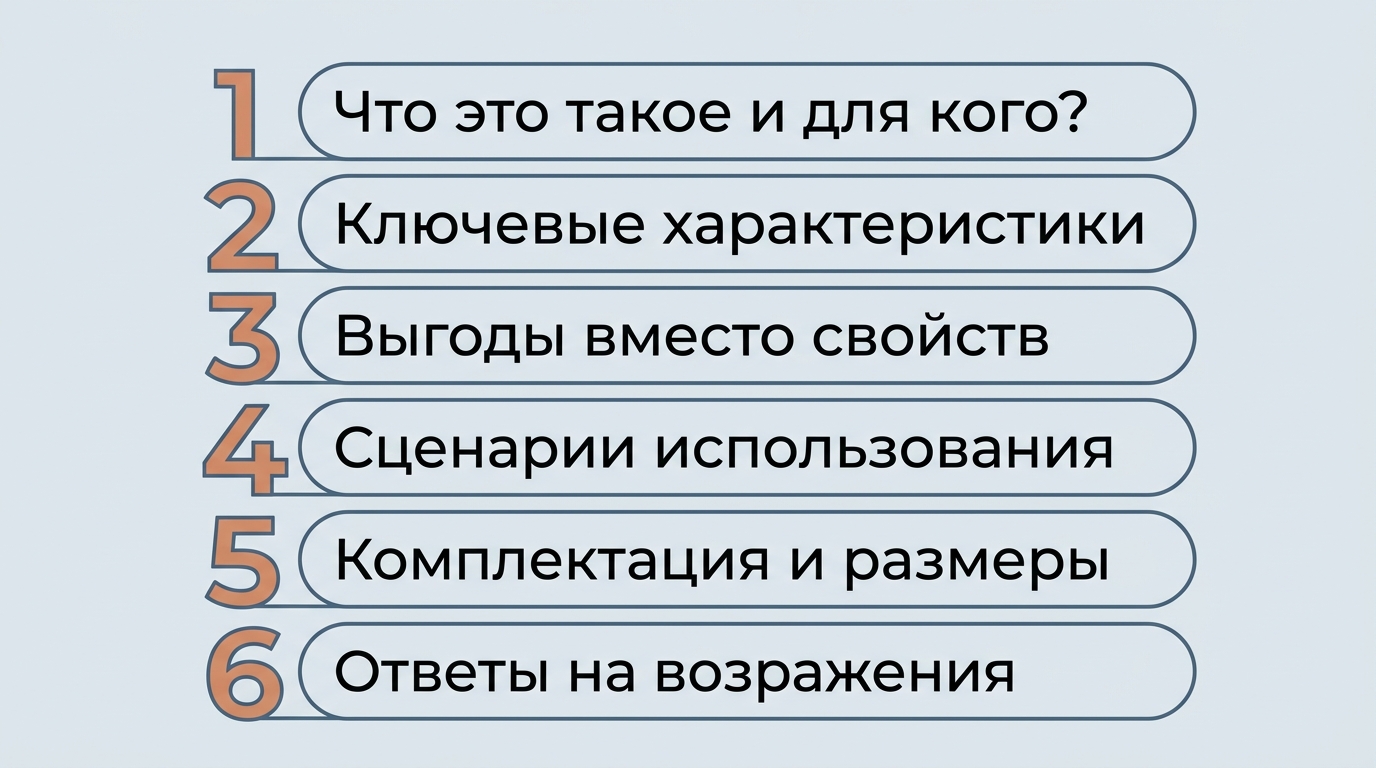 шесть пронумерованных блоков описания сверху вниз, у каждого короткая подпись