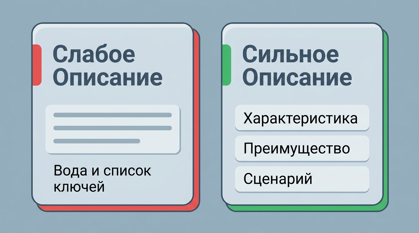 сравнение: слева слабое описание с водой и перечнем ключей, справа тот же товар с блоками параметр — выгода, ошибки подсвечены