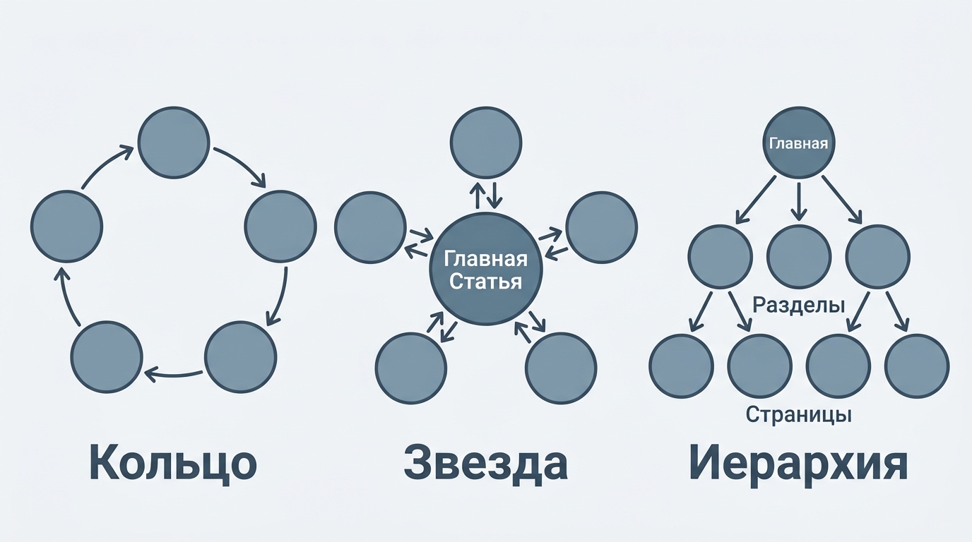 Три схемы внутренней перелинковки: кольцо, где страницы связаны по кругу, звезда с одной центральной статьёй и иерархия от главной к разделам и страницам