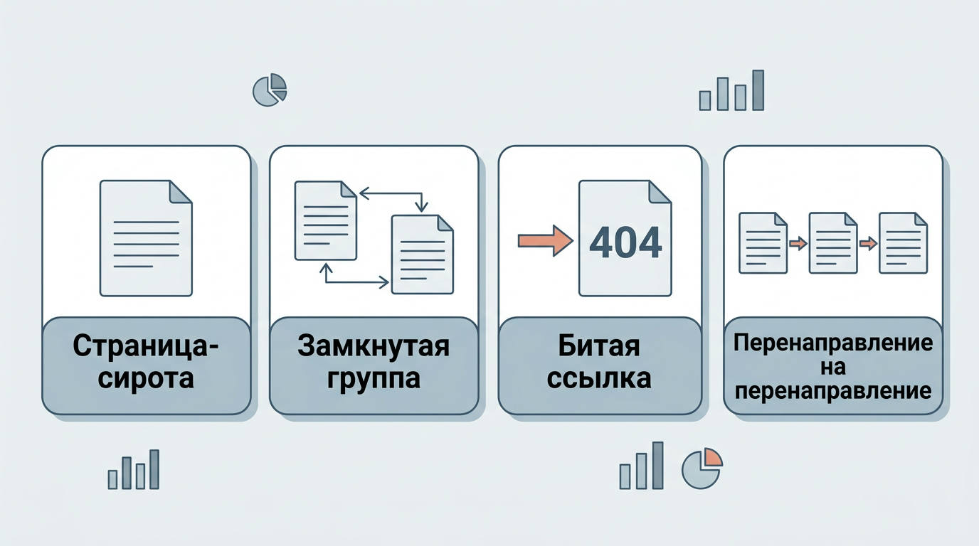 Четыре типичные ошибки перелинковки: страница-сирота без входящих ссылок, замкнутая группа, битая ссылка на 404 и цепочка перенаправлений