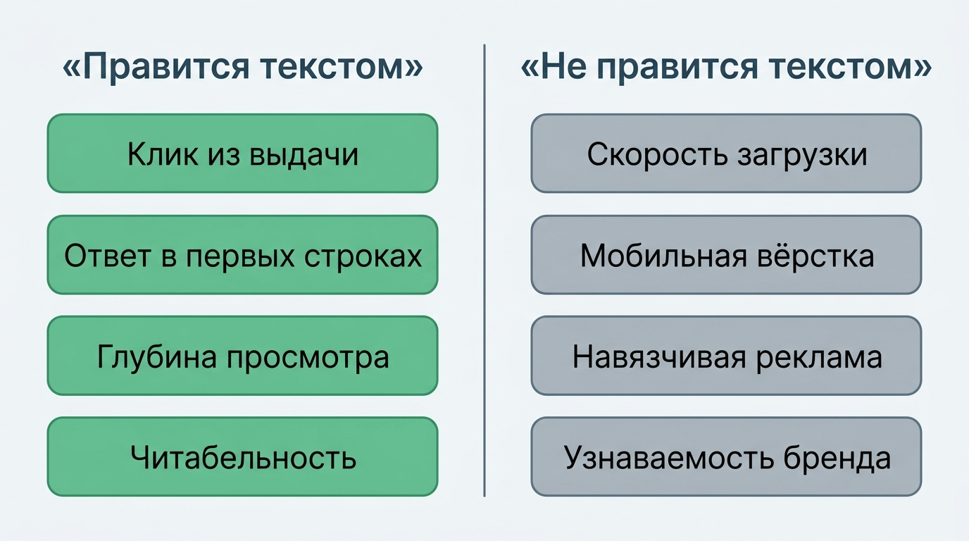 Что в поведенческих факторах правится текстом — клик из выдачи, ответ в первых строках, глубина просмотра, читабельность — и что не правится: скорость загрузки, мобильная вёрстка, реклама, узнаваемость бренда