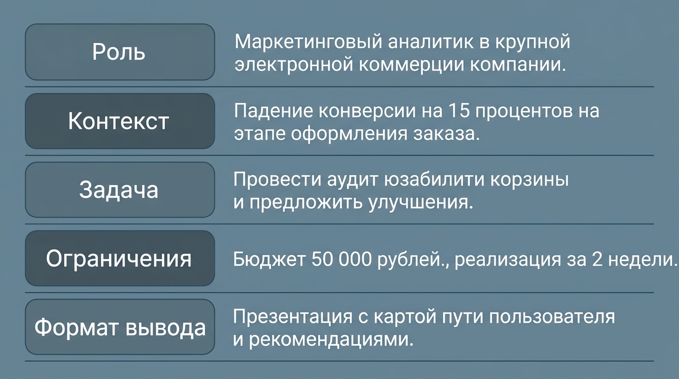 пять горизонтальных полос сверху вниз с подписями Роль, Контекст, Задача, Ограничения, Формат вывода, справа от каждой полосы пример одной строки задания