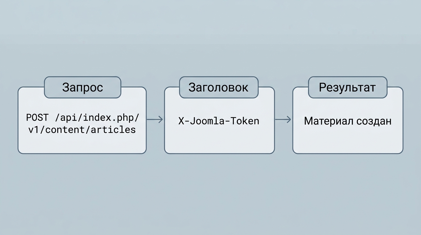 схема запроса: POST на /api/index.php/v1/content/articles с заголовком X-Joomla-Token, справа карточка созданного материала в статусе Не опубликовано