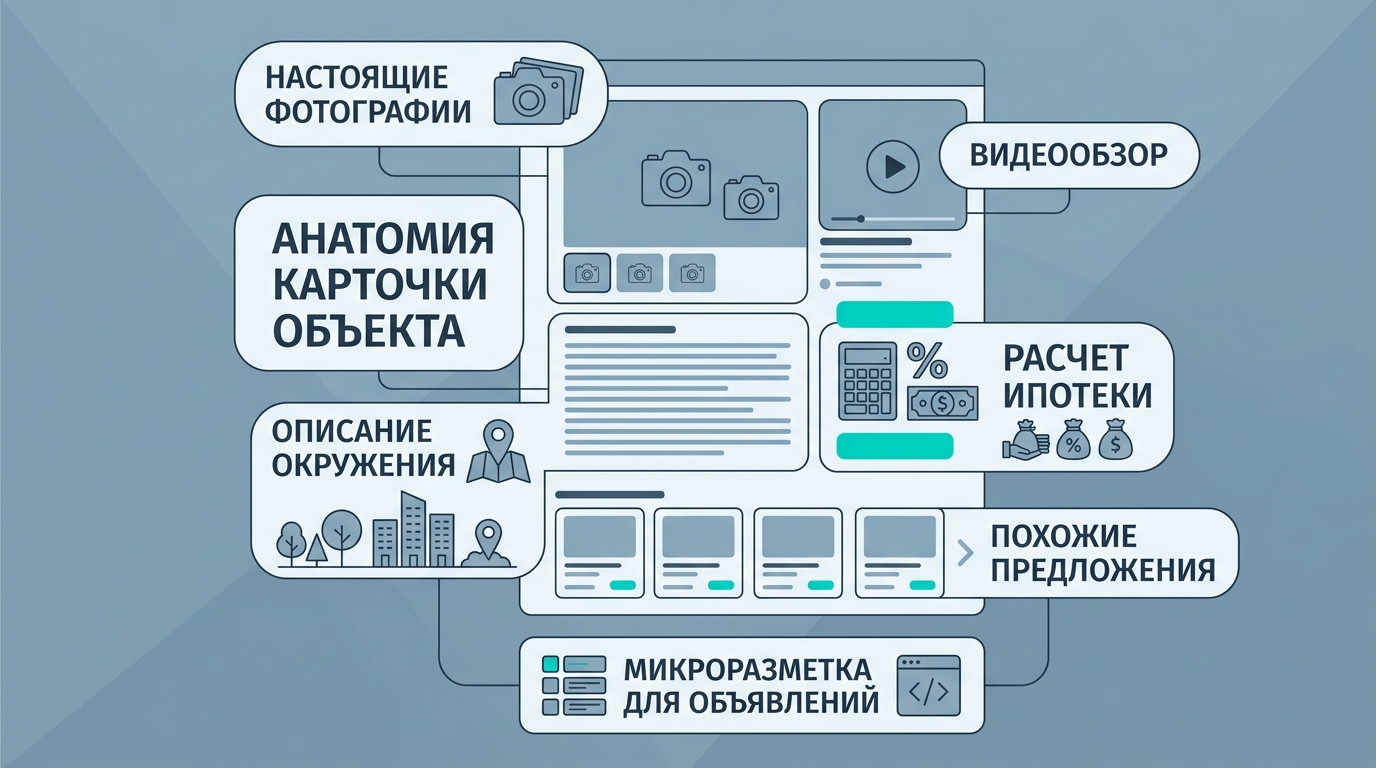 инфографика анатомия карточки объекта недвижимости. Схема страницы с подписанными зонами: Реальные фото, Видеообход, Описание окружения, Ипотечный расчёт, Похожие предложения, Микр