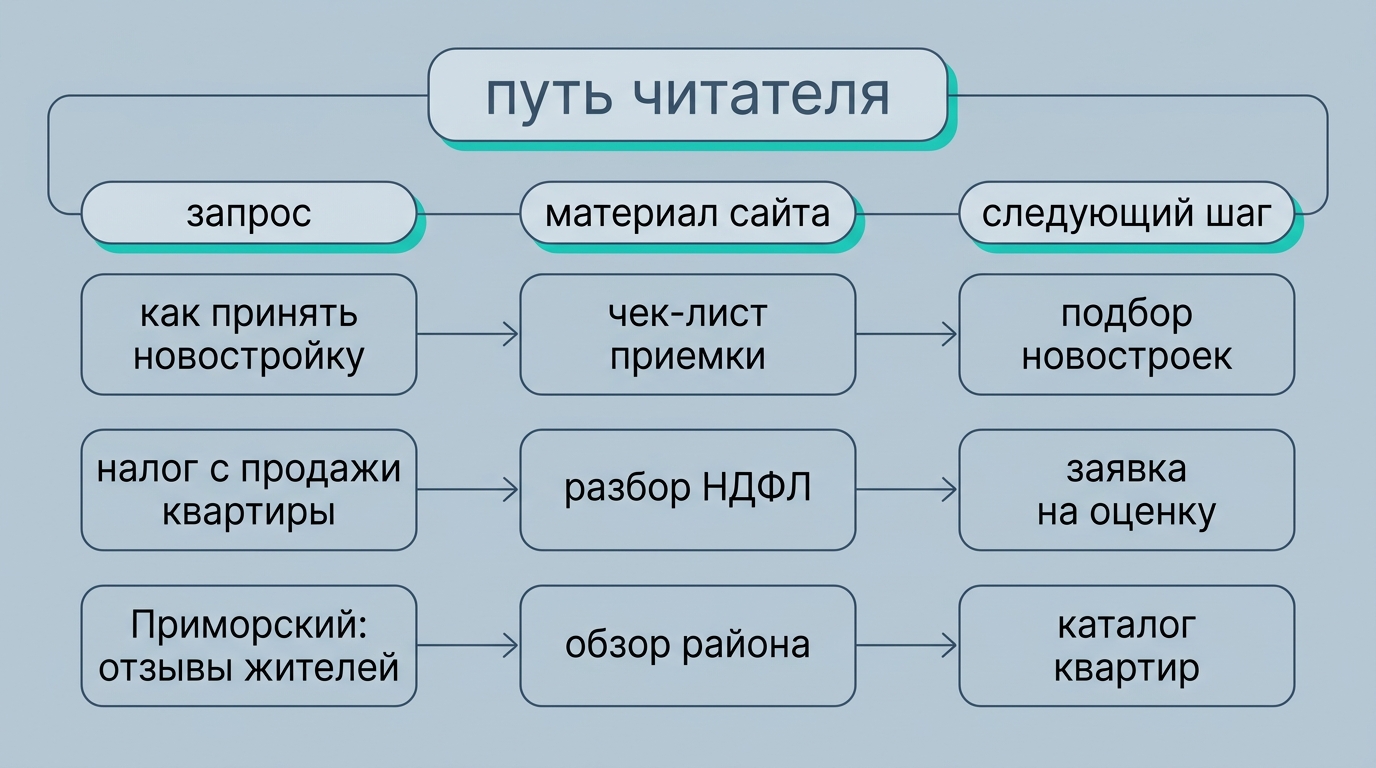 таблица-схема путь читателя: три колонки Запрос → Материал сайта → Следующий шаг. Строки-примеры: как принять новостройку → чек-лист приёмки → подборка новостроек; налог при продаж