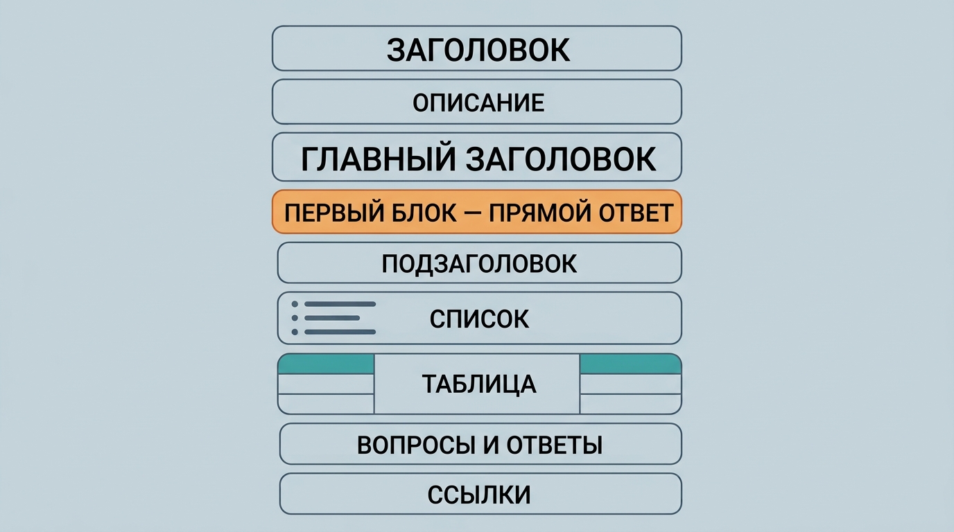 вертикальная анатомия страницы сверху вниз с подписями блоков на русском: Title, Description, H1, Первый блок — прямой ответ, H2 — подтема, Список, Таблица, FAQ, Ссылки. Плоский ст