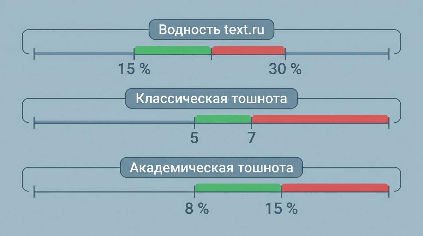 три горизонтальные шкалы с подписями на русском Водность text.ru, Классическая тошнота, Академическая тошнота, на каждой отмечены зелёная и красная зоны с цифрами 15 % / 30 %, 5 /