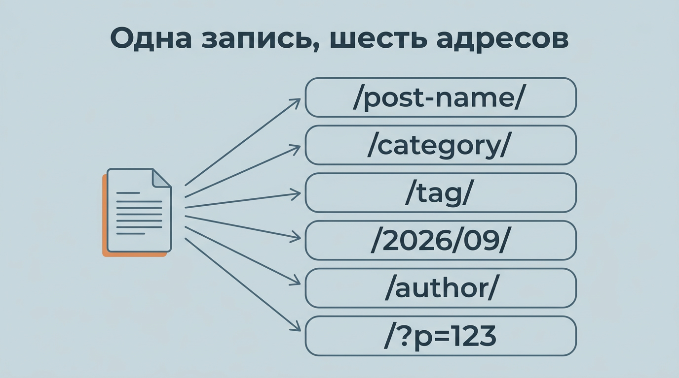 одна запись и шесть URL, по которым доступно её содержимое: рубрика, метка, архив даты, архив автора, страница вложения, сама запись