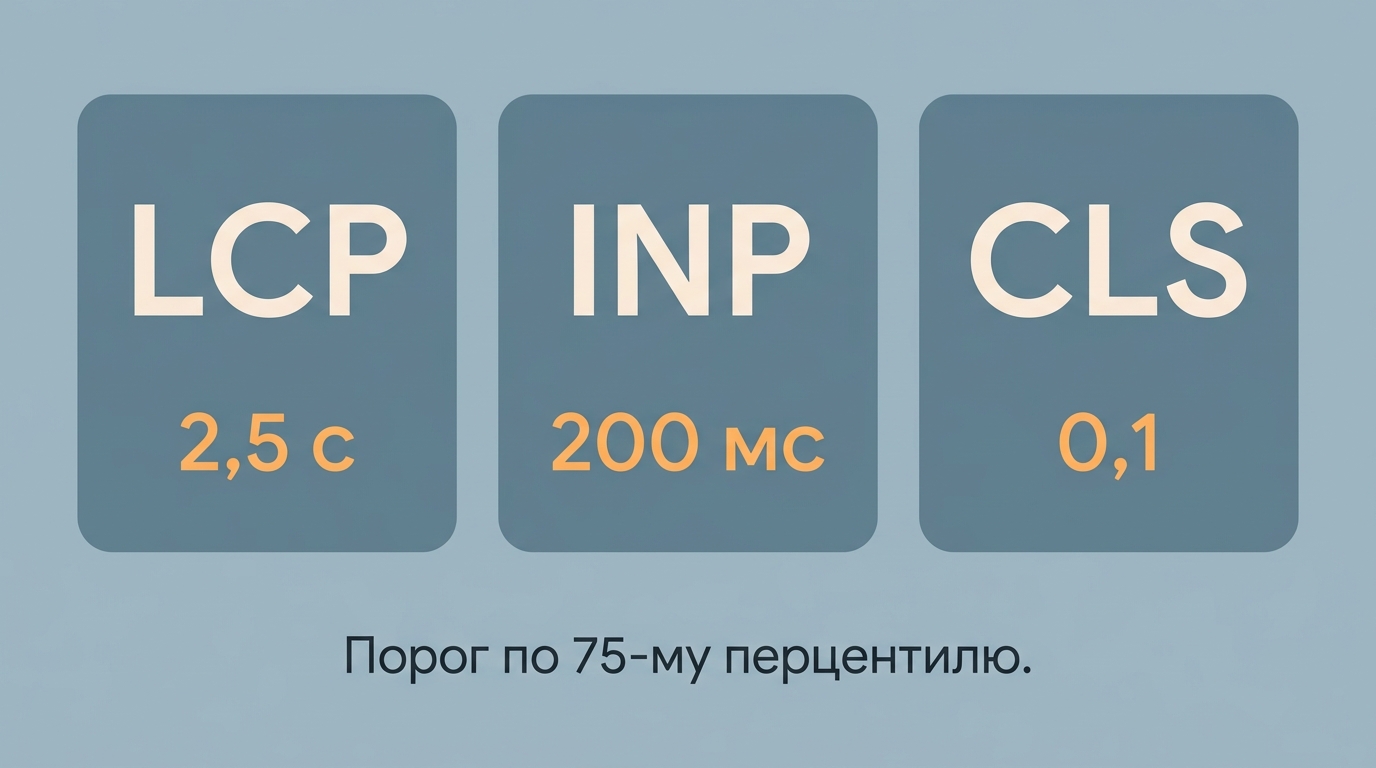 три метрики с порогами — LCP 2,5 с, INP 200 мс, CLS 0,1 — и подпись оценка по 75-му перцентилю