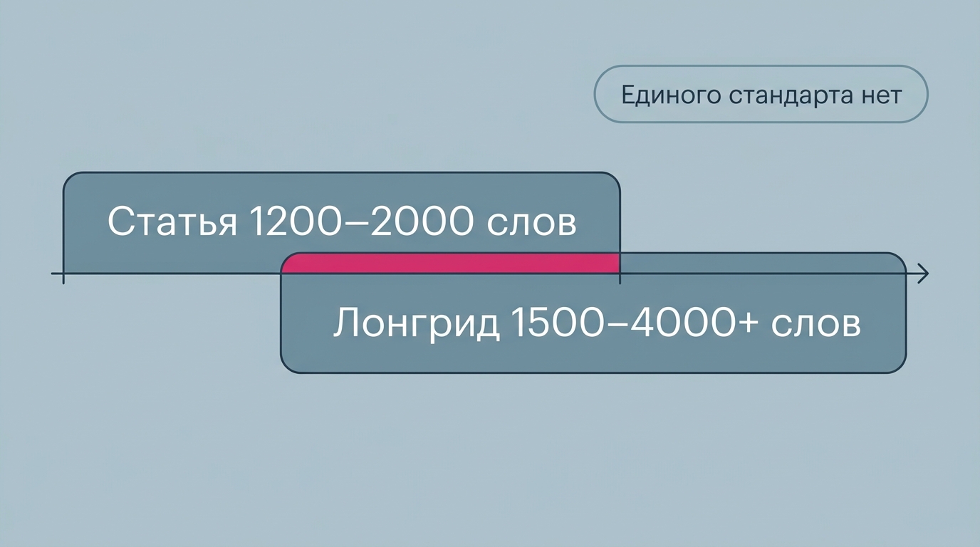горизонтальная шкала объёма с двумя зонами. Подписи по-русски: Статья 1200–2000 слов, Лонгрид 1500–4000+ слов, отметка Единого стандарта нет