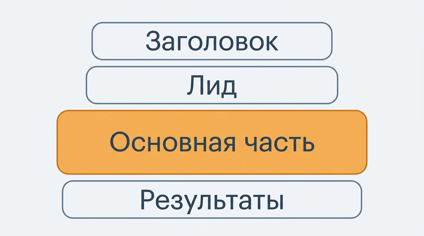 Каркас статьи: название, лид, основная часть и итоги — ширина блока показывает долю объёма